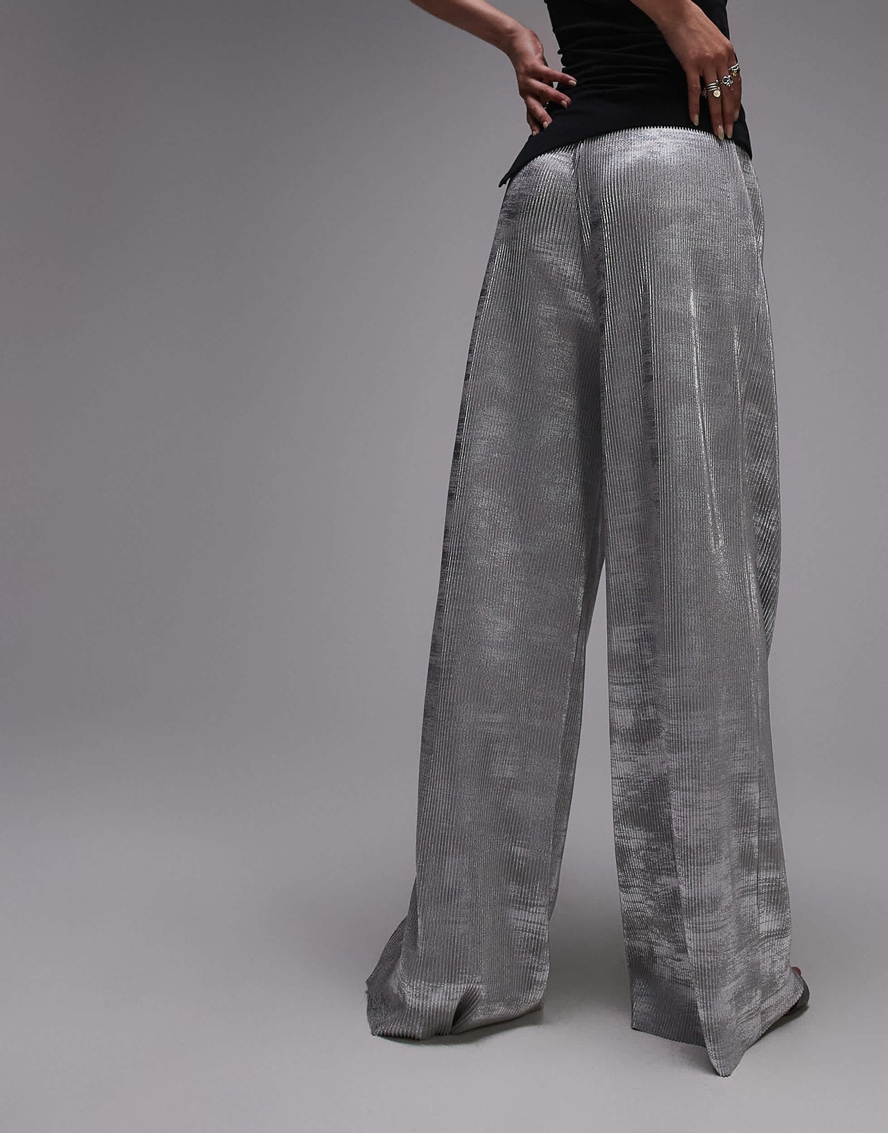 Topshop foil print plisse trouser in silver