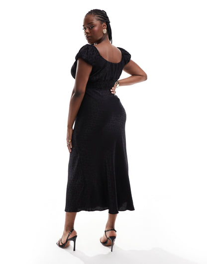 ASOS DESIGN Curve cap sleeve elasticated bodice midi dress in black satin jacquard