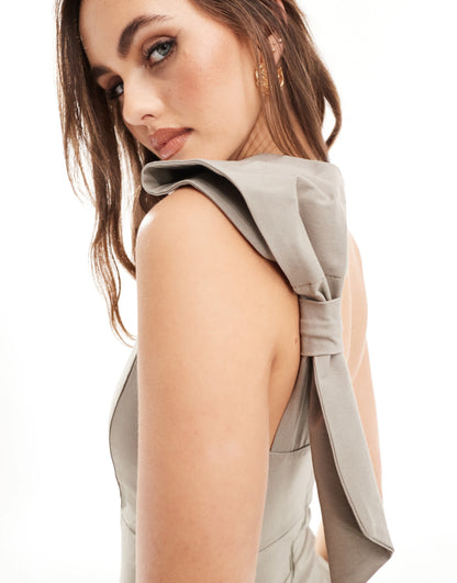 Vesper bengaline one shoulder bow detail side spilt maxi dress in stone