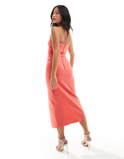 Vesper Petite bengaline cami cross back thigh split midi dress in coral