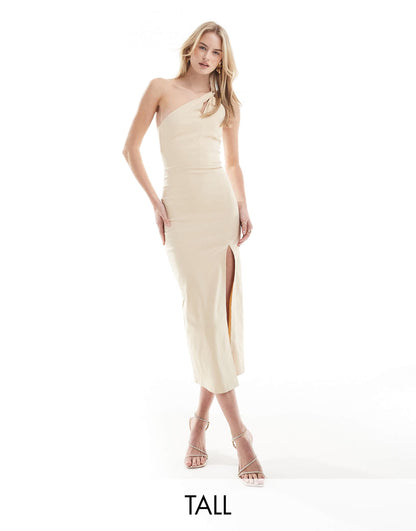 Vesper Tall bengaline halterneck keyhole cut out detail midi dress with thigh split in macaroon