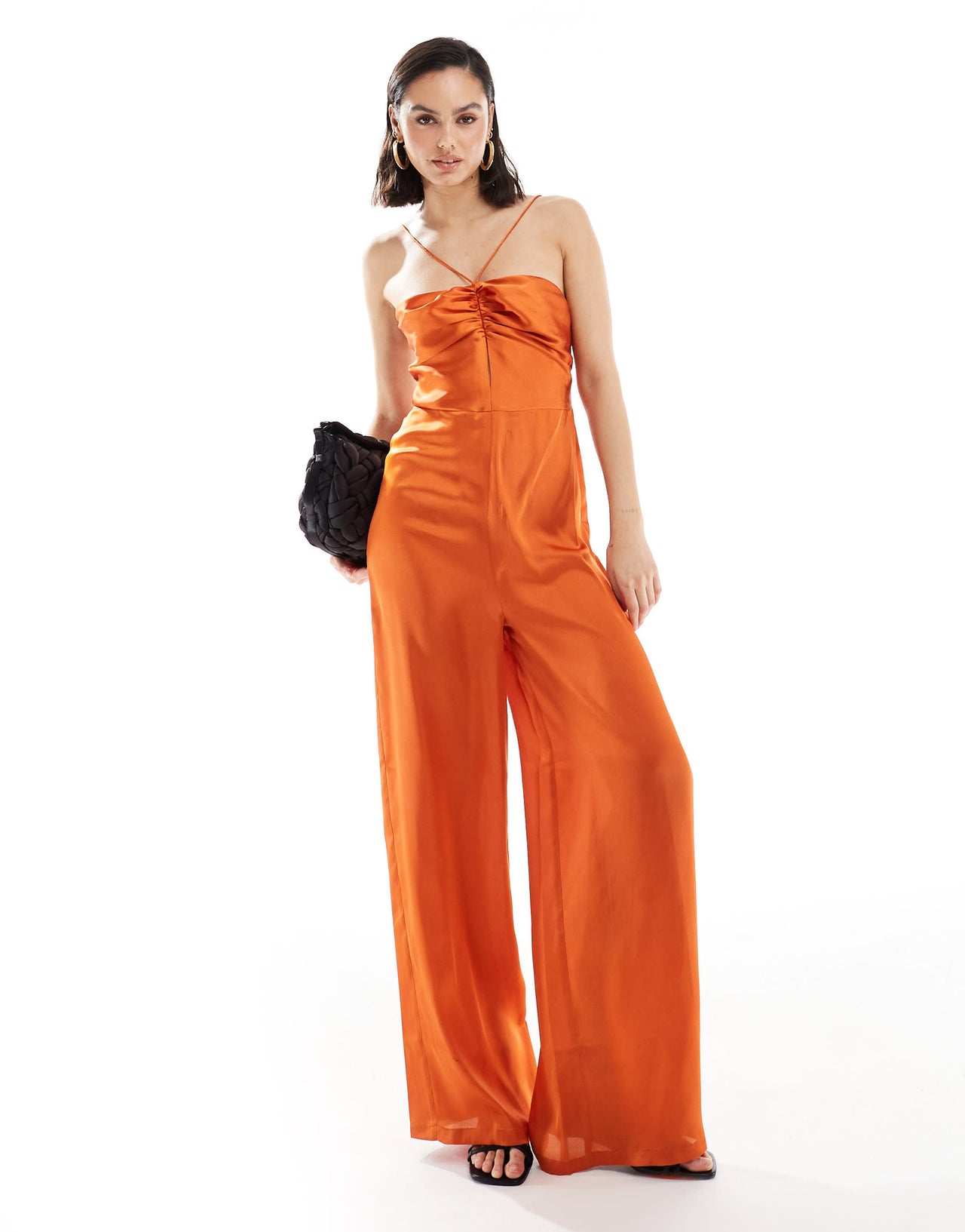 ASOS DESIGN halter tie ruched front straight leg satin jumpsuit in rust