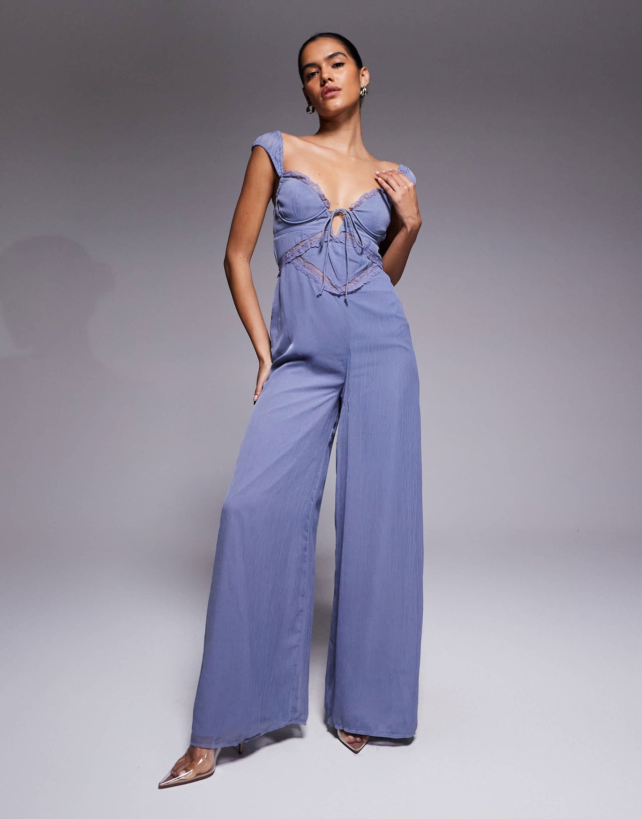 ASOS DESIGN lace insert corset detail wide leg jumpsuit in dusky blue