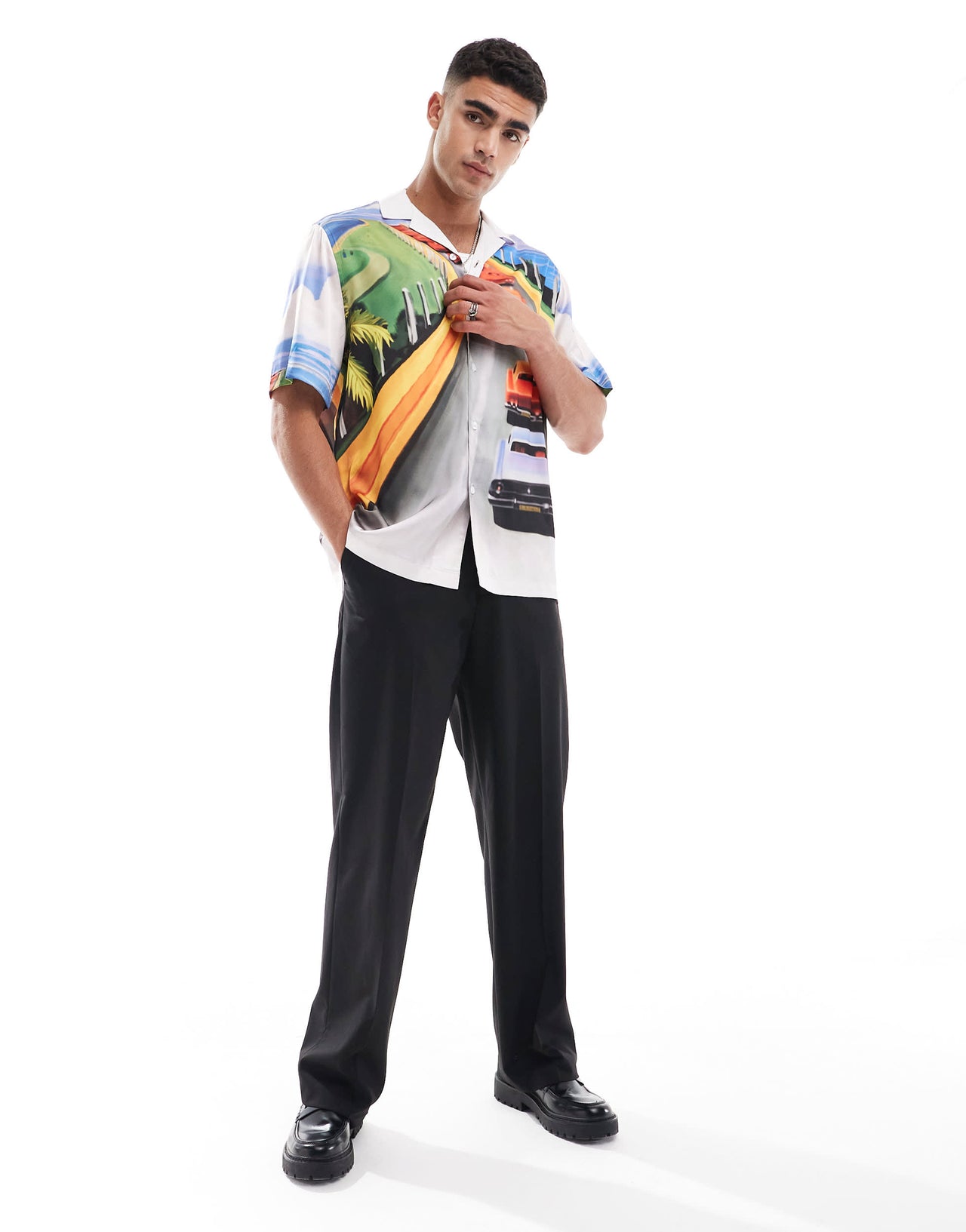 ASOS DESIGN relaxed revere shirt with scenic placement print