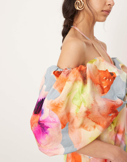 ASOS EDITION bardot bow tie neck detail midi dress in mixed floral print