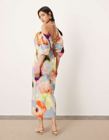 ASOS EDITION bardot bow tie neck detail midi dress in mixed floral print