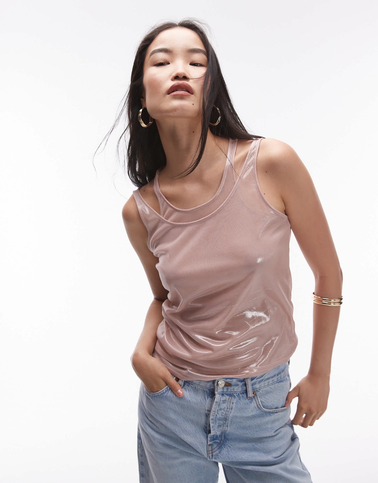 Topshop double layer metallic vest in pink