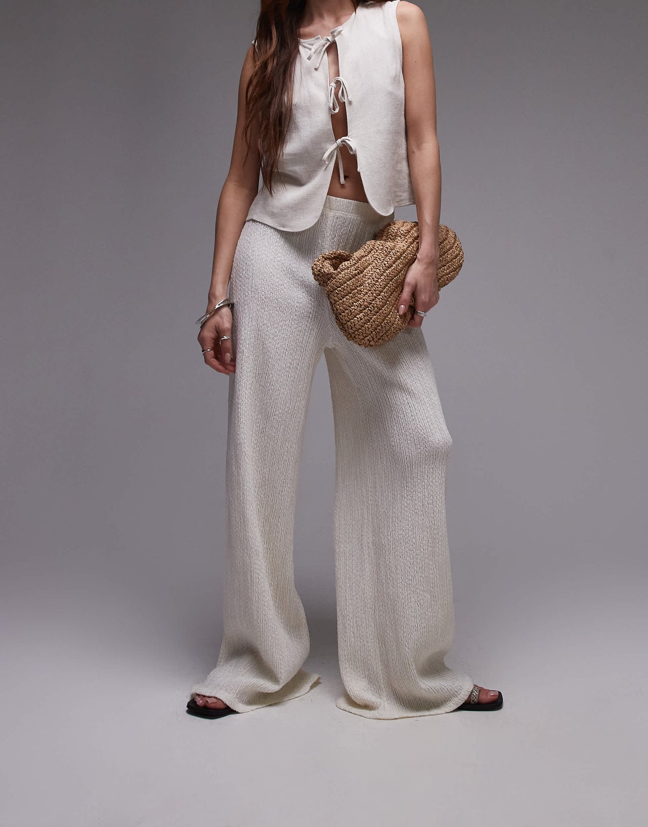 Topshop textured beachy wide leg trousers in cream