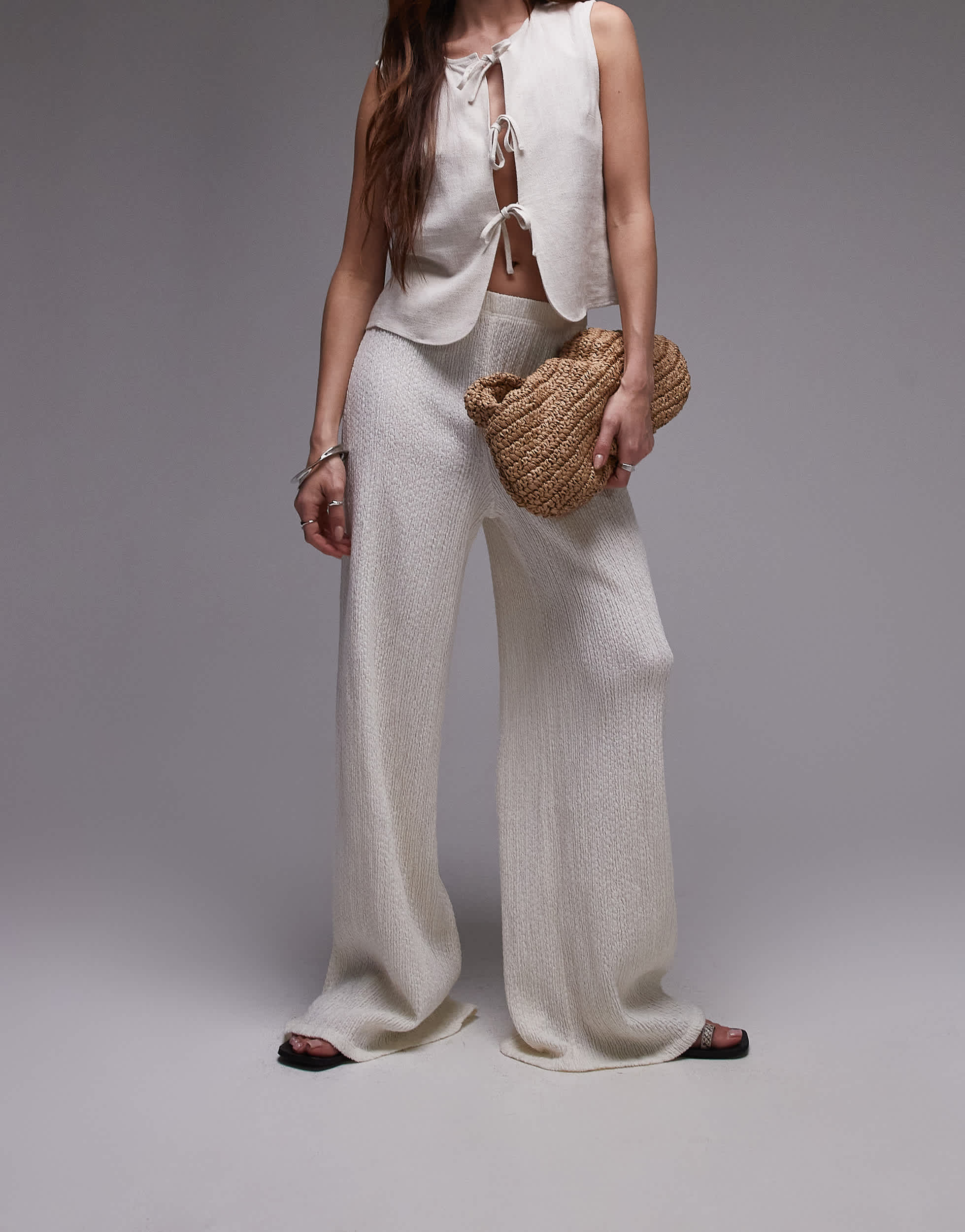 Topshop textured beachy wide leg trousers in cream