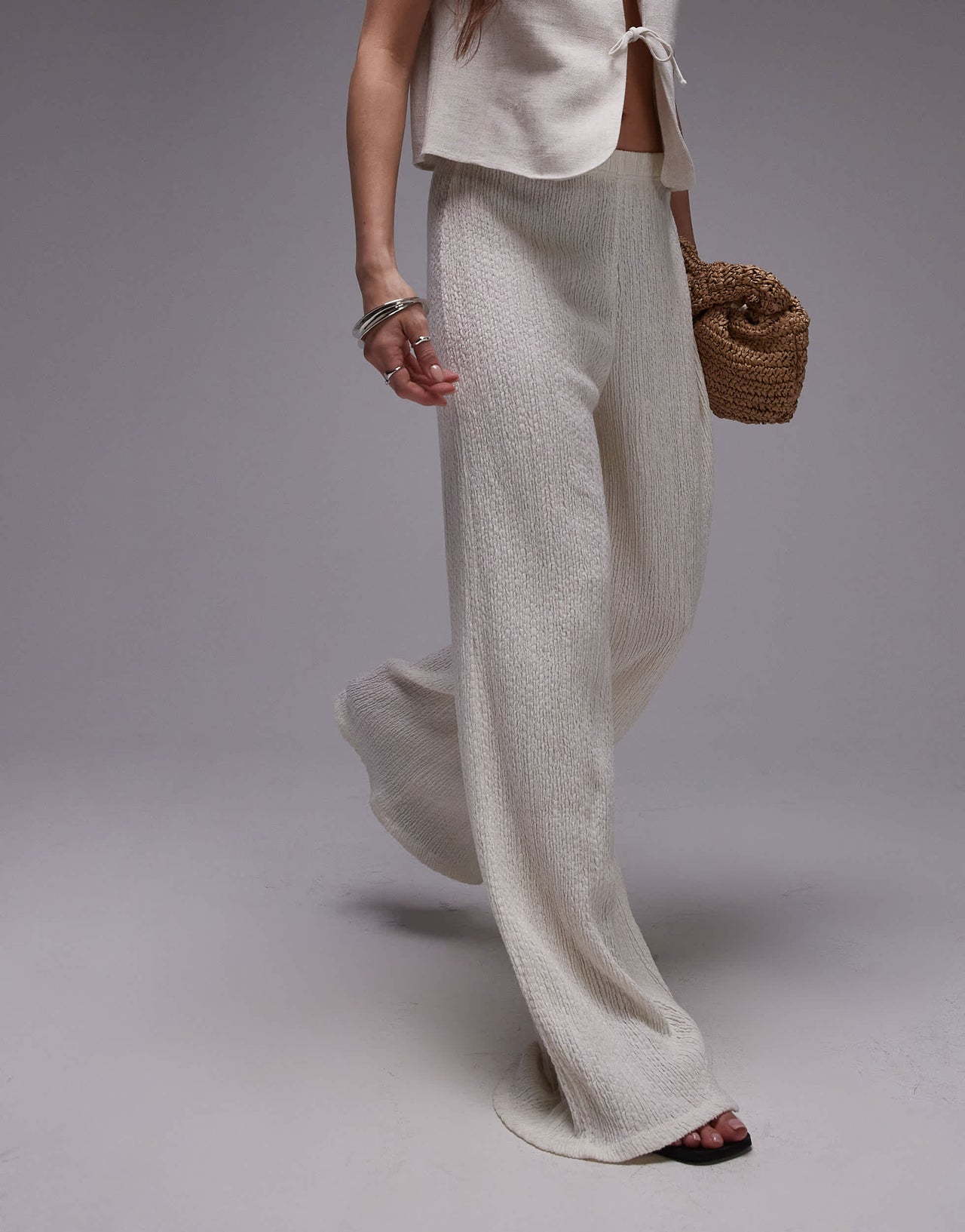 Topshop textured beachy wide leg trousers in cream