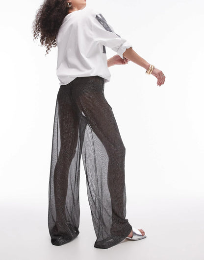 Topshop wide leg sheer metallic trousers in black