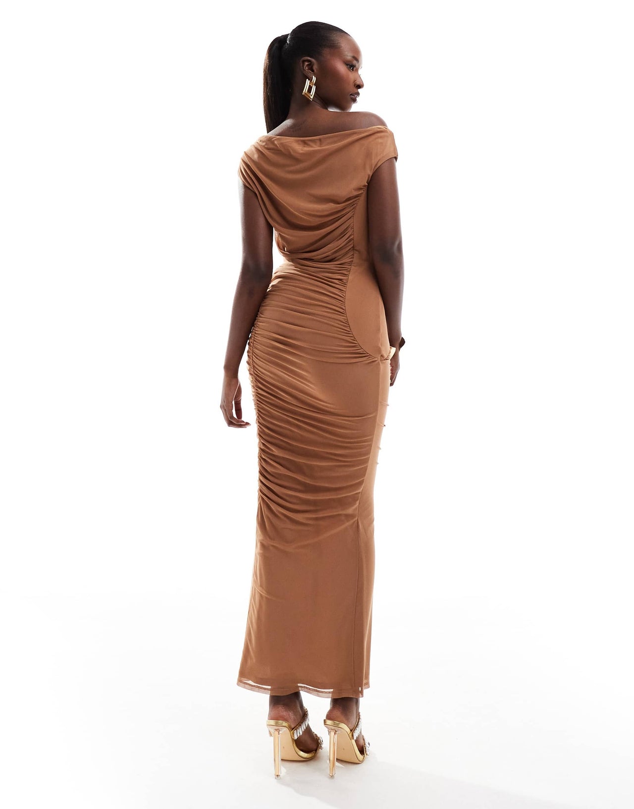 ASOS DESIGN mesh off shoulder midi dress with gauging detail in camel