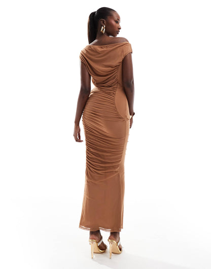 ASOS DESIGN mesh off shoulder midi dress with gauging detail in camel