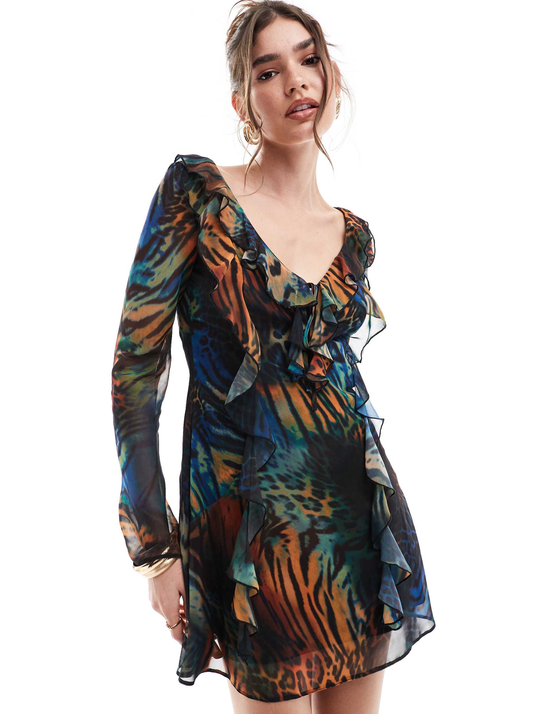 ASOS DESIGN long sleeve frill mini dress with tendrils in animal print