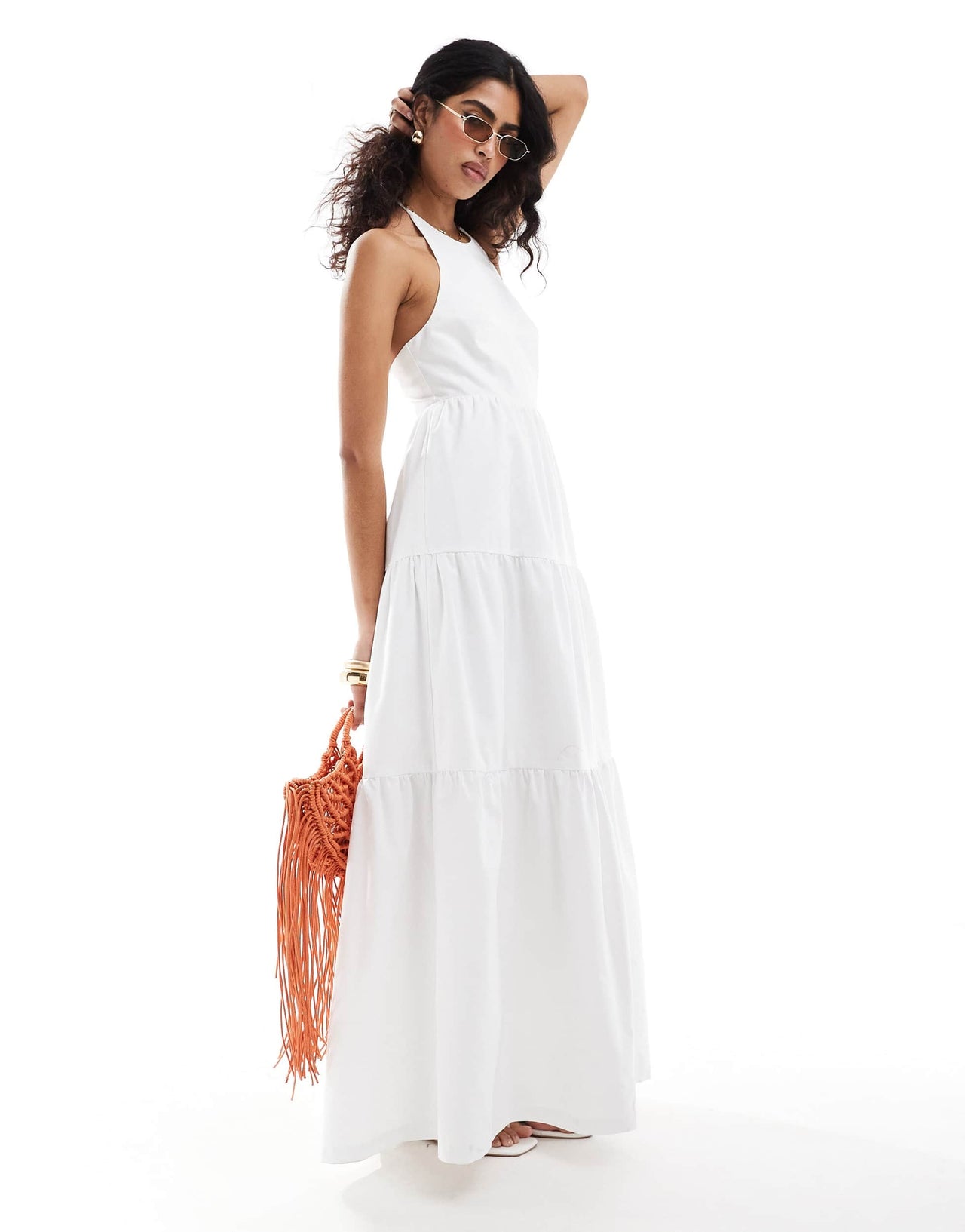 The Frolic exclusive sandy shirred back tiered maxi beach dress in off white