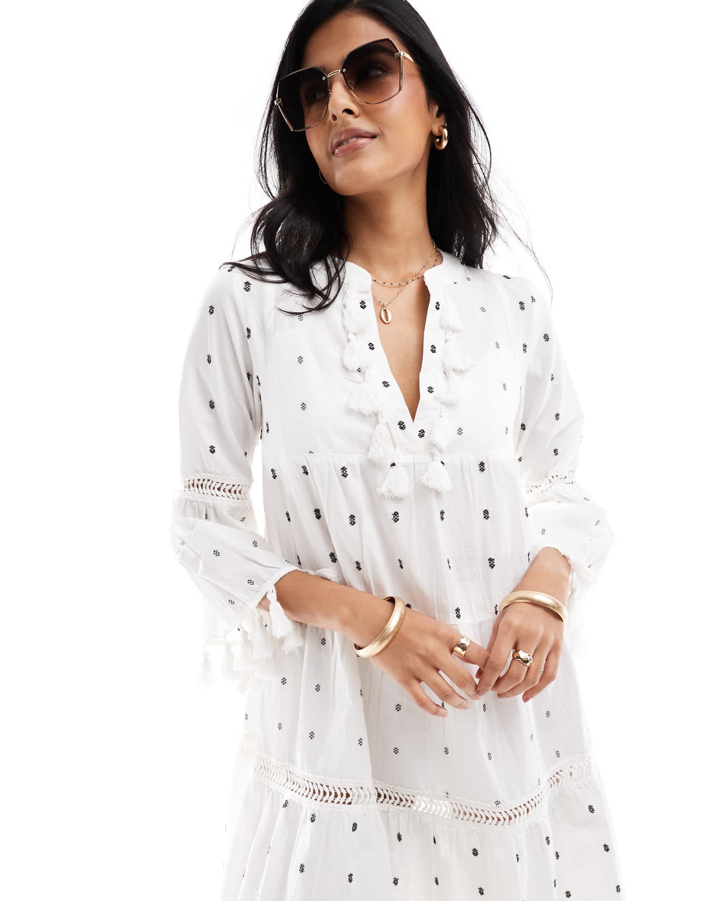 Accessorize tassle mini beach kaftan in cream