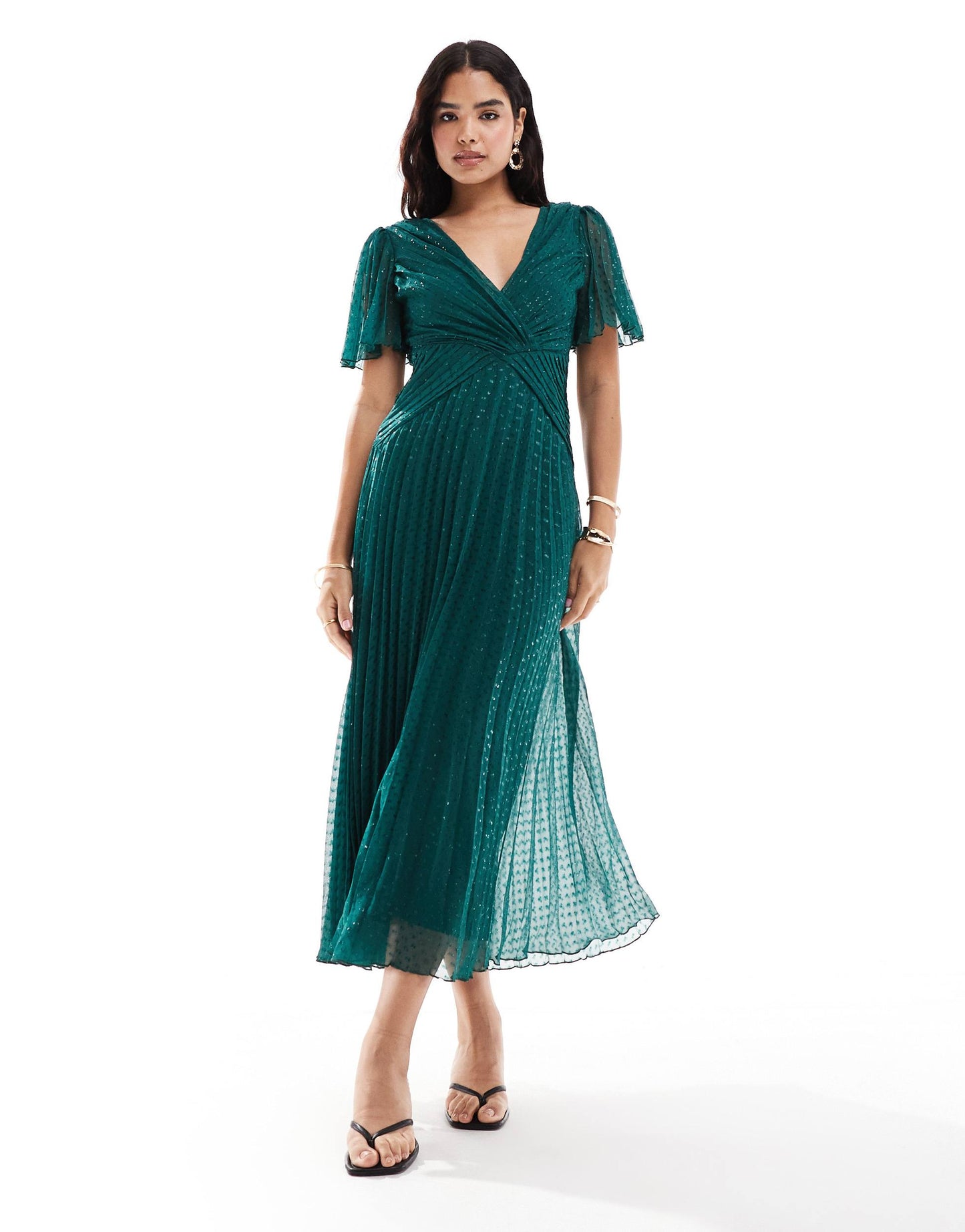 ASOS DESIGN metallic dobby angel sleeve deep plunge wrap pleated midaxi dress in bottle green