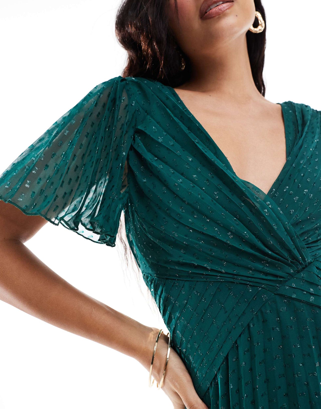 ASOS DESIGN metallic dobby angel sleeve deep plunge wrap pleated midaxi dress in bottle green