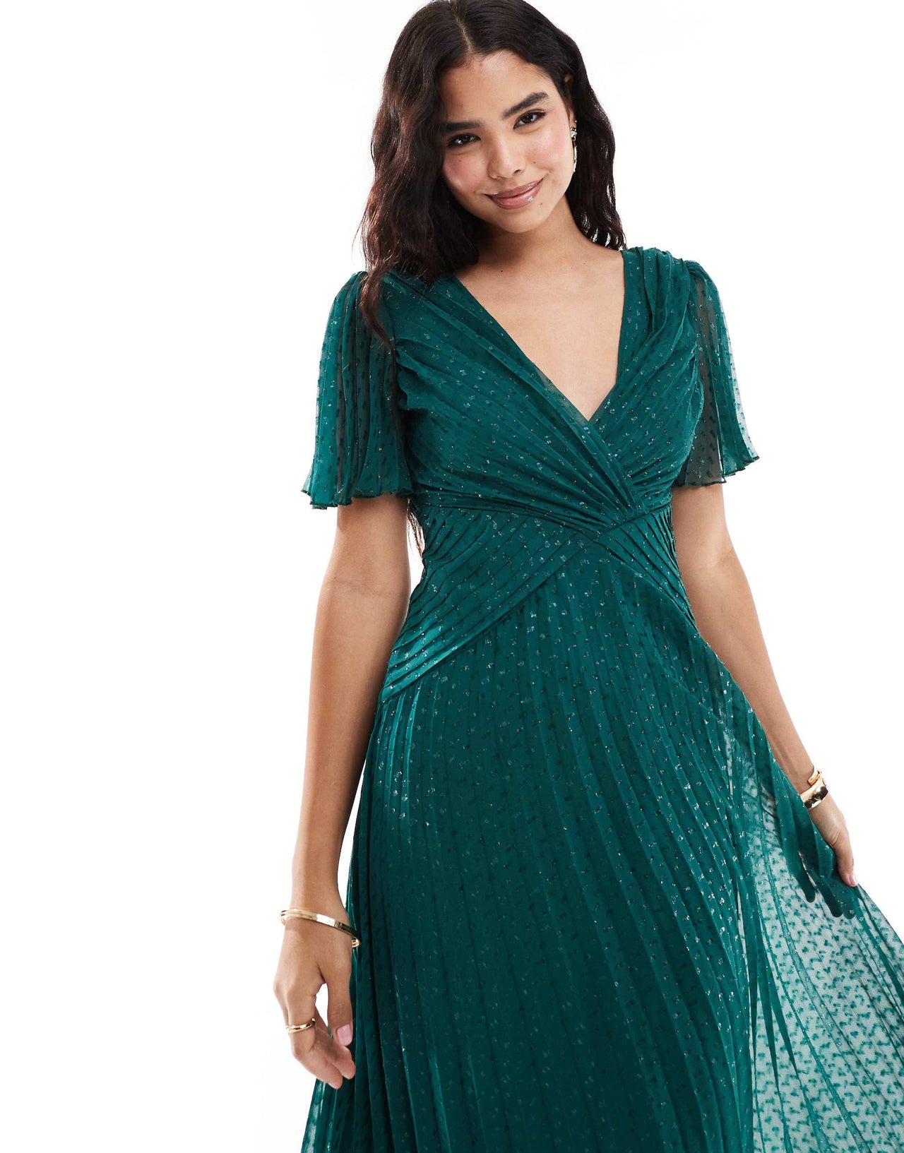 ASOS DESIGN metallic dobby angel sleeve deep plunge wrap pleated midaxi dress in bottle green