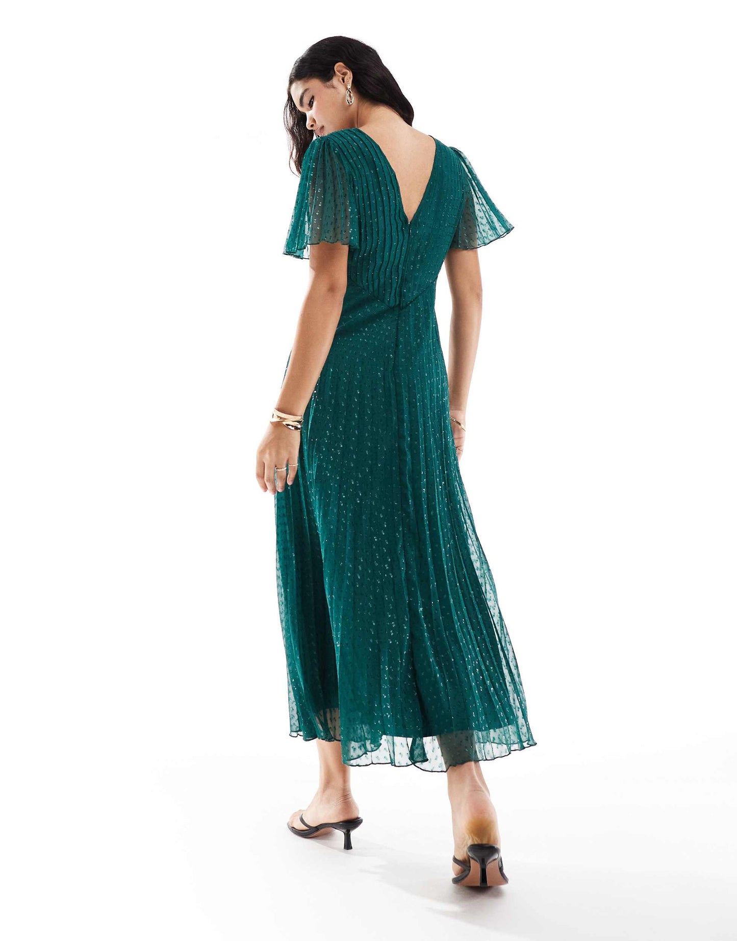 ASOS DESIGN metallic dobby angel sleeve deep plunge wrap pleated midaxi dress in bottle green