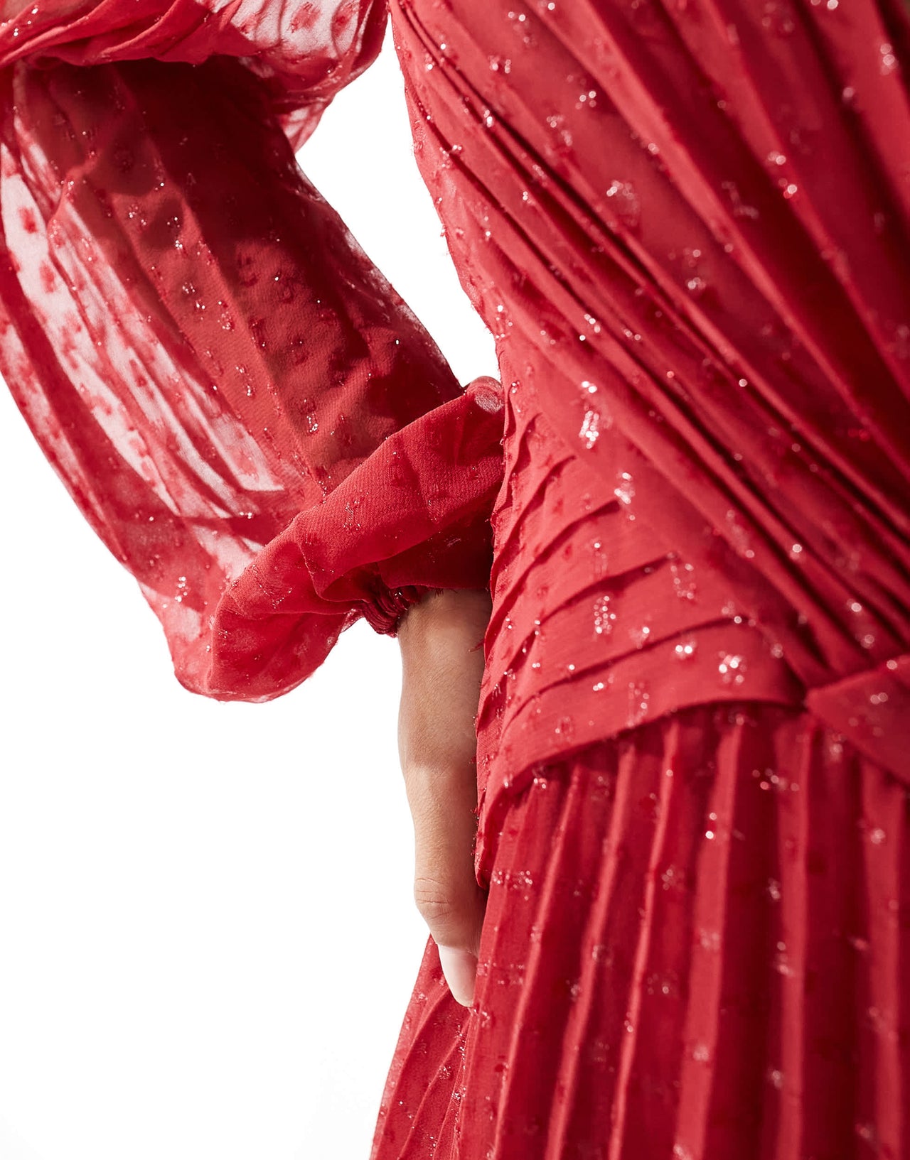 ASOS DESIGN metallic dobby long sleeve deep plunge wrap pleated mini dress in berry red