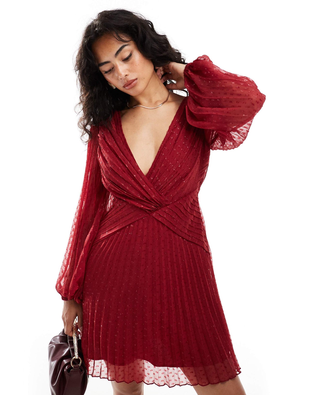 ASOS DESIGN metallic dobby long sleeve deep plunge wrap pleated mini dress in berry red