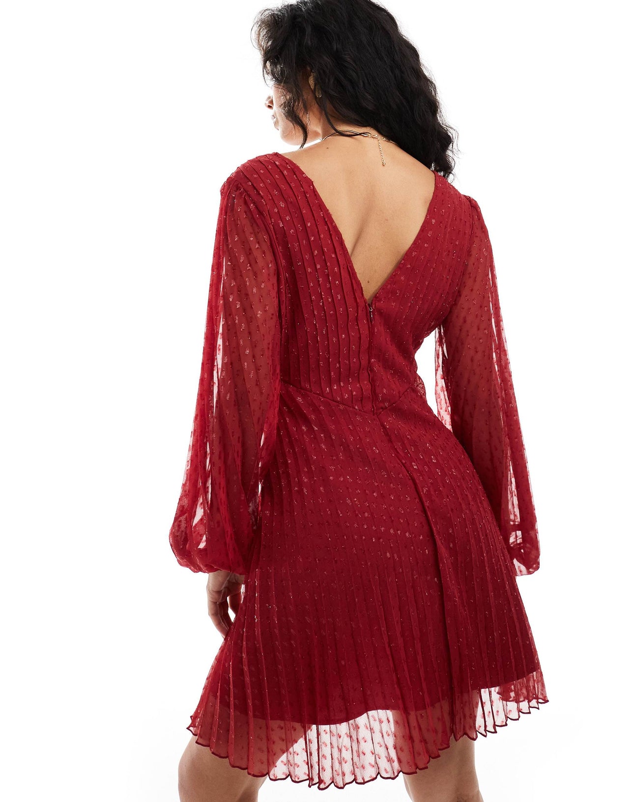 ASOS DESIGN metallic dobby long sleeve deep plunge wrap pleated mini dress in berry red