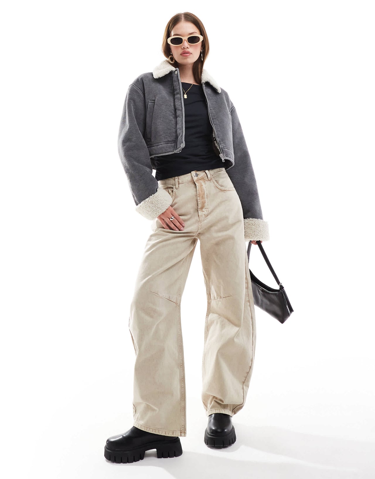 ASOS DESIGN cord bonded jacket with shearling collar in grey