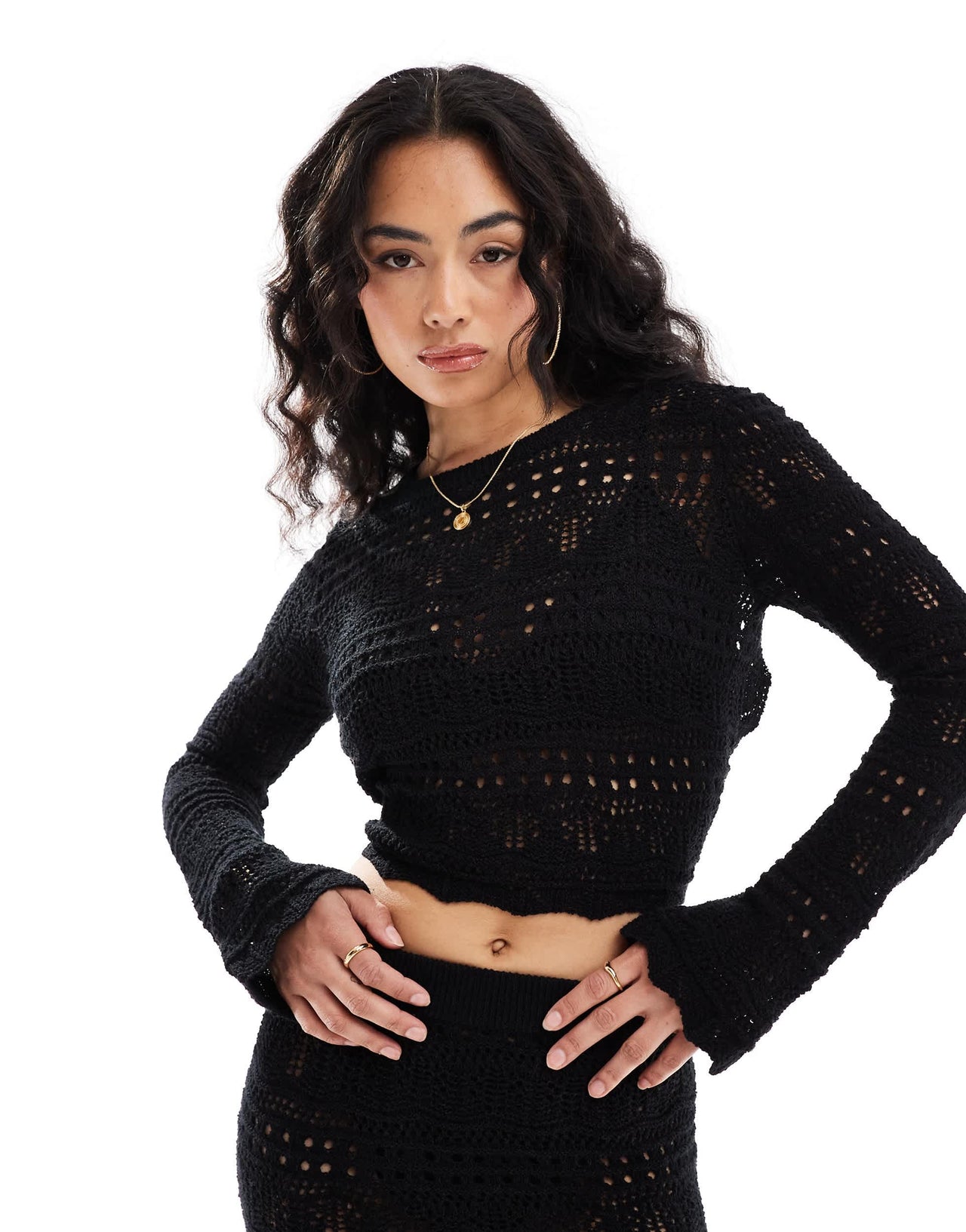 ASOS DESIGN crew neck jumper in mixed stitch with open back co-ord in black