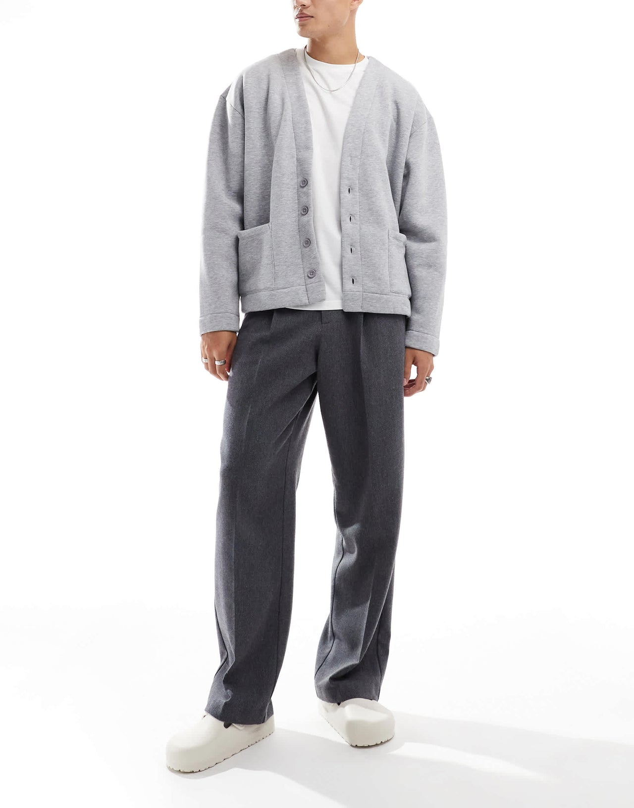 ASOS DESIGN smart wide leg pleated trousers in charcoal with wool herringbone