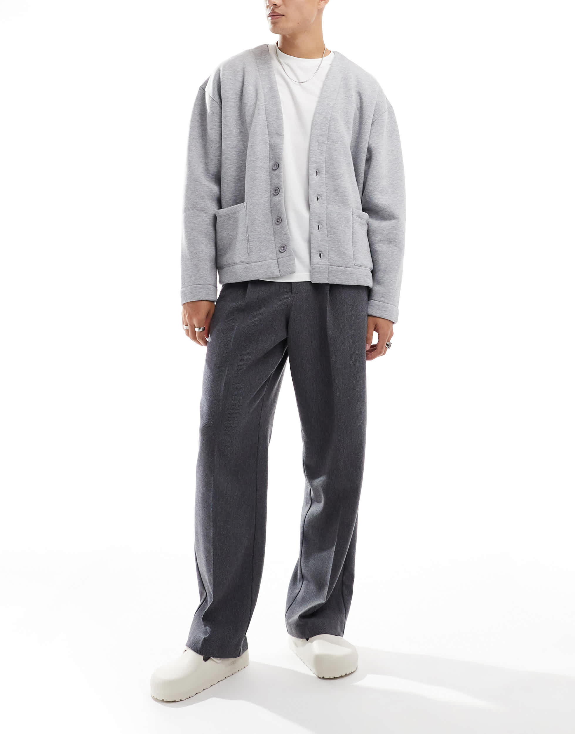 ASOS DESIGN smart wide leg pleated trousers in charcoal with wool herringbone