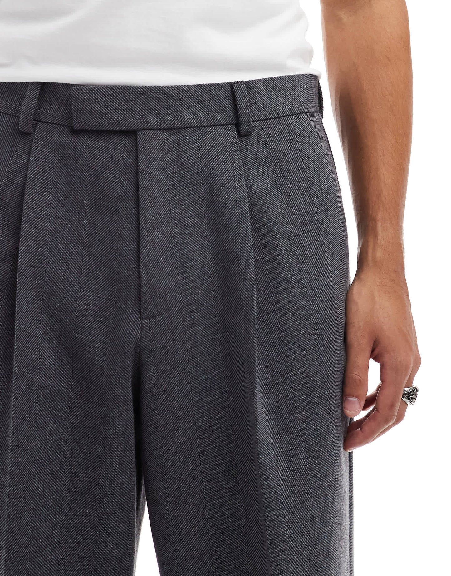 ASOS DESIGN smart wide leg pleated trousers in charcoal with wool herringbone