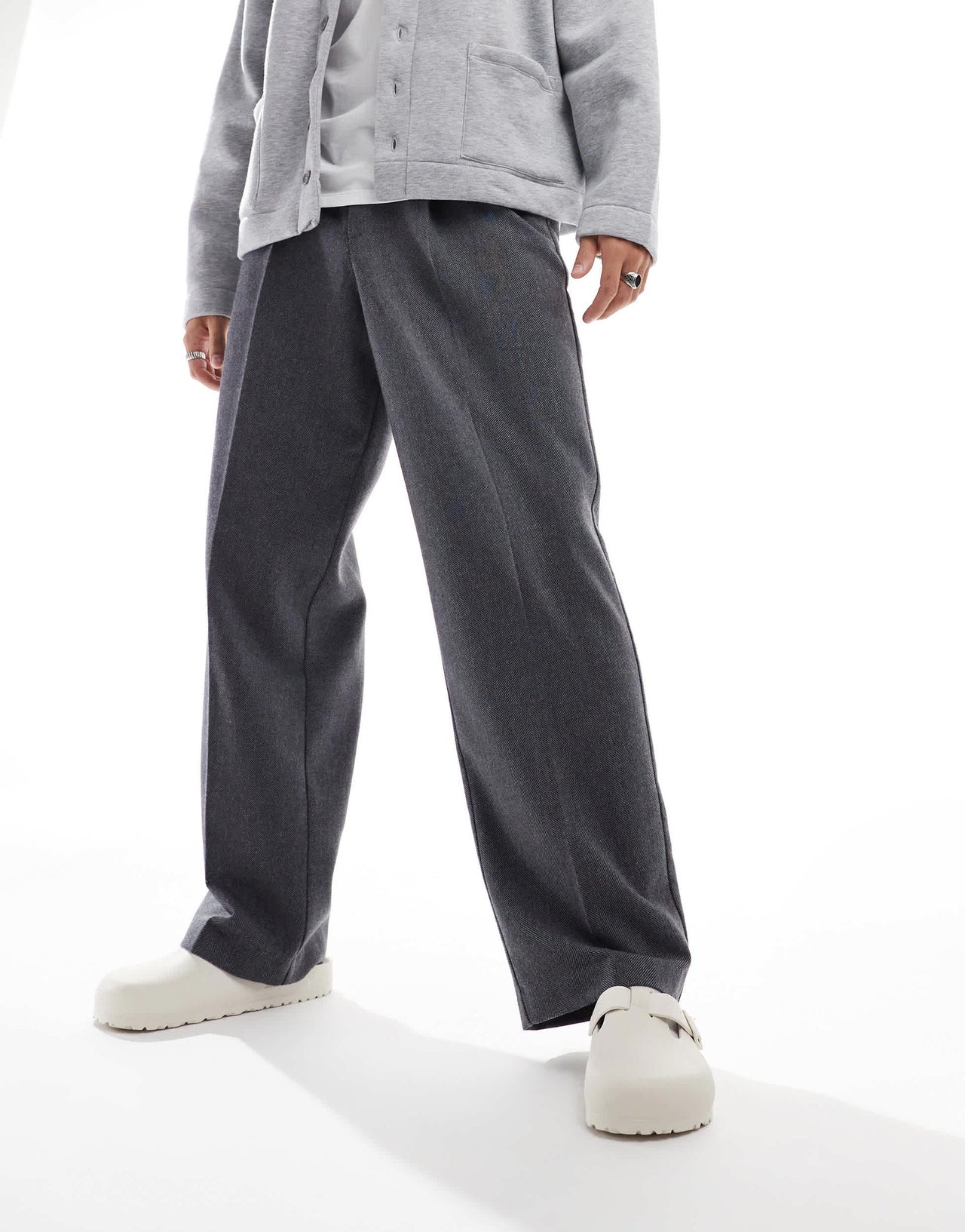 ASOS DESIGN smart wide leg pleated trousers in charcoal with wool herringbone