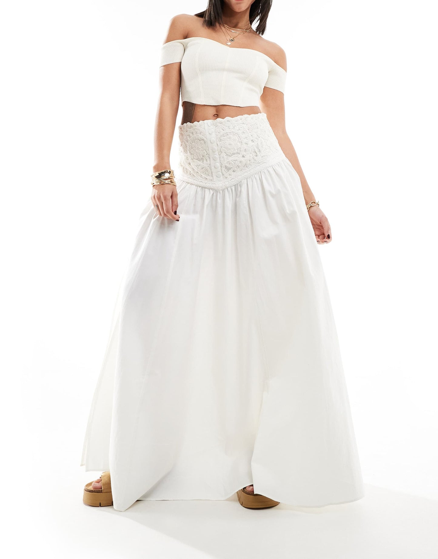 Free People embroidered panel maxi skirt in ecru