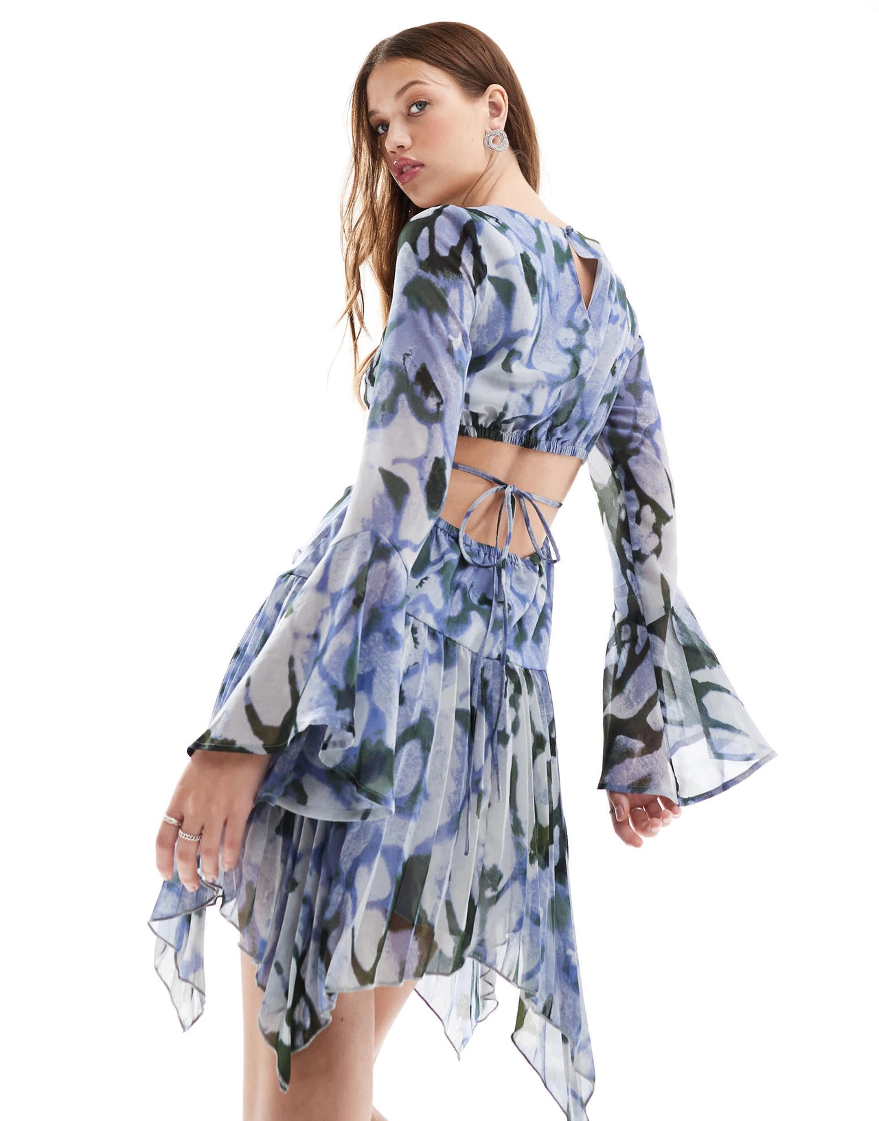 ASOS DESIGN pleated hanky hem mini dress in blue green abstract print