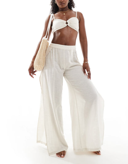 Pieces cotton beach bandeau top co-ord in cream