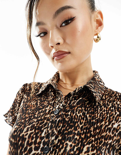 ASOS DESIGN printed plisse button mini dress in leopard print
