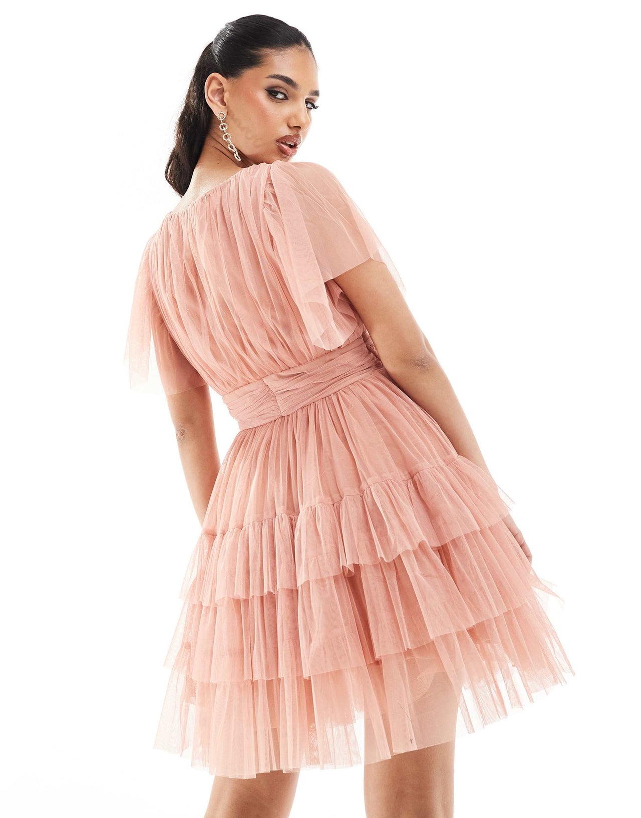 Lace & Beads Madison v neck tulle mini dress in rose blush
