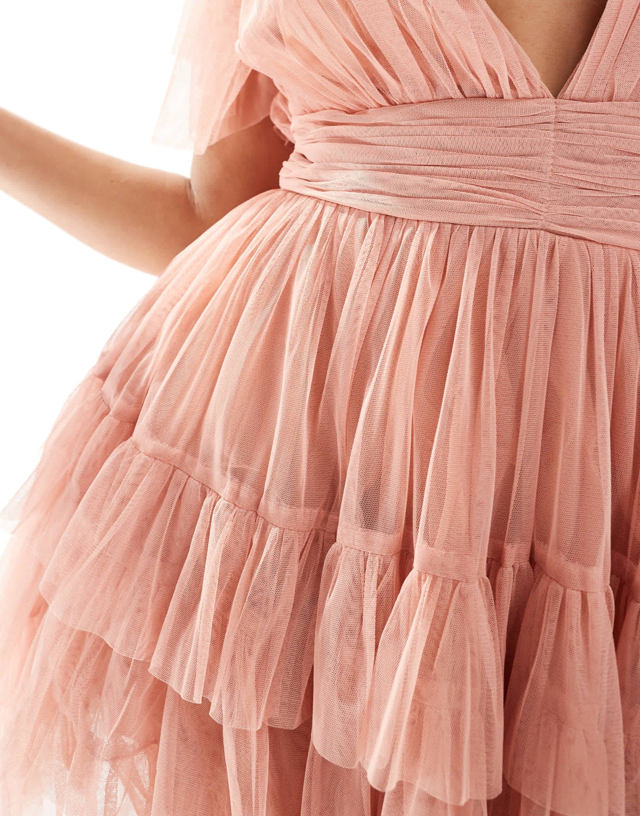 Lace & Beads Madison v neck tulle mini dress in rose blush