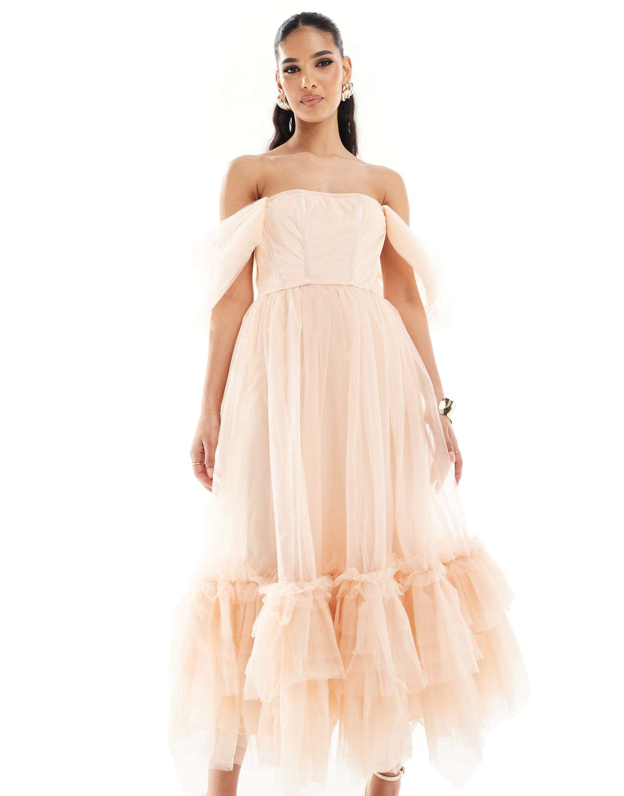 Lace & Beads corset tulle midaxi dress in powder pink
