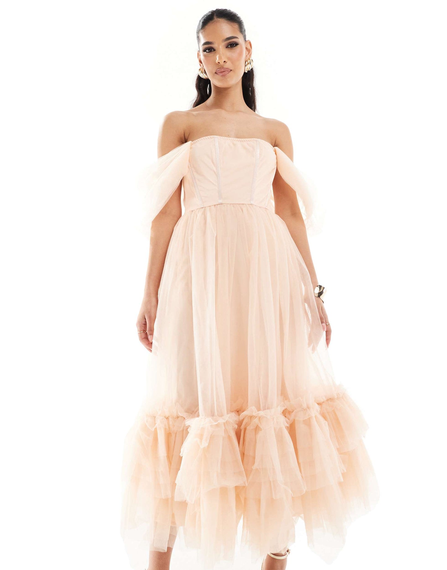 Lace & Beads corset tulle midaxi dress in powder pink