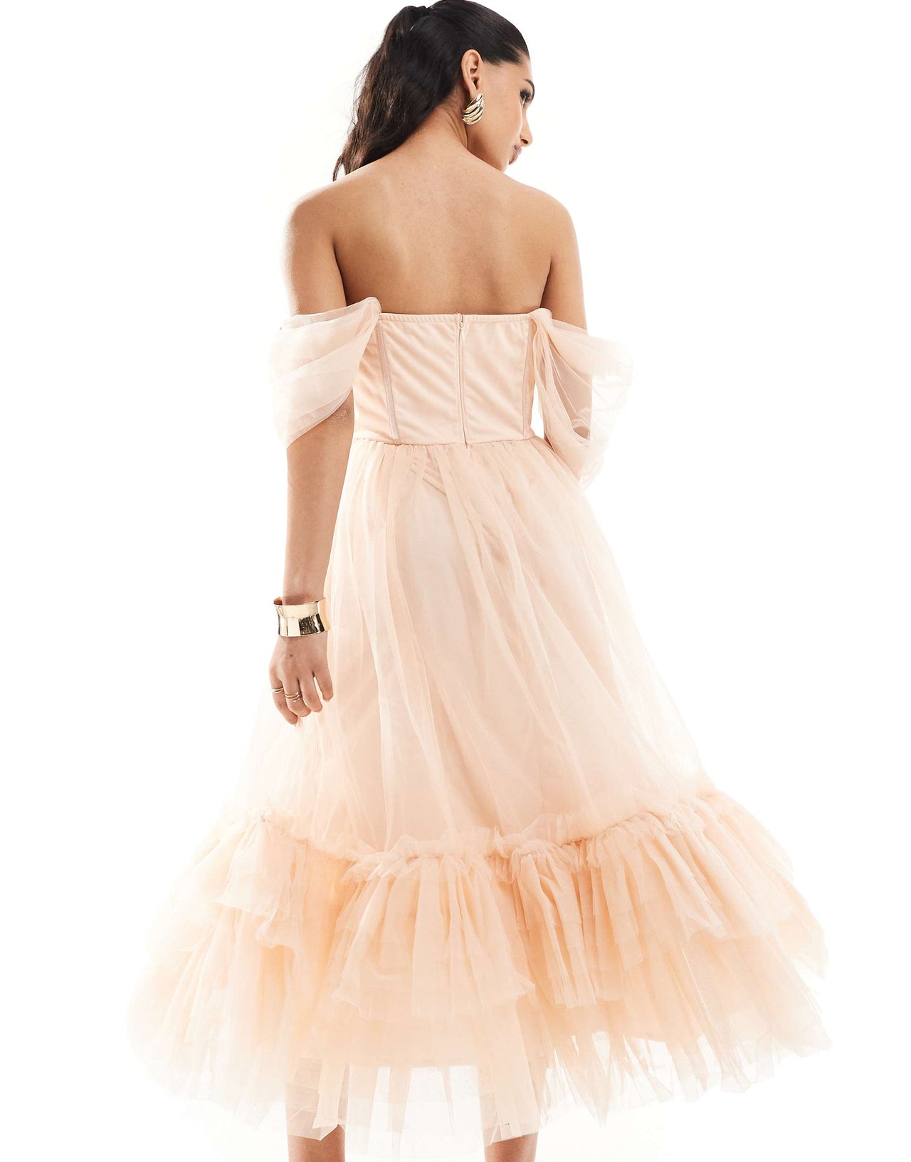 Lace & Beads corset tulle midaxi dress in powder pink
