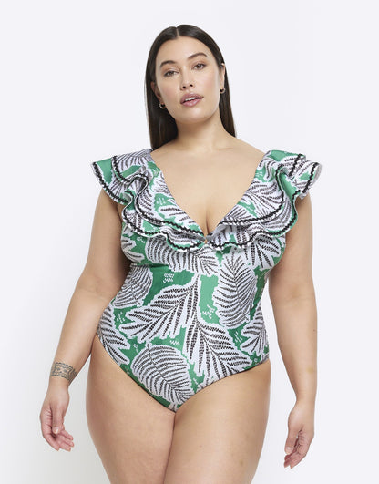 River Island Plus tropical print frill swimsuit in green