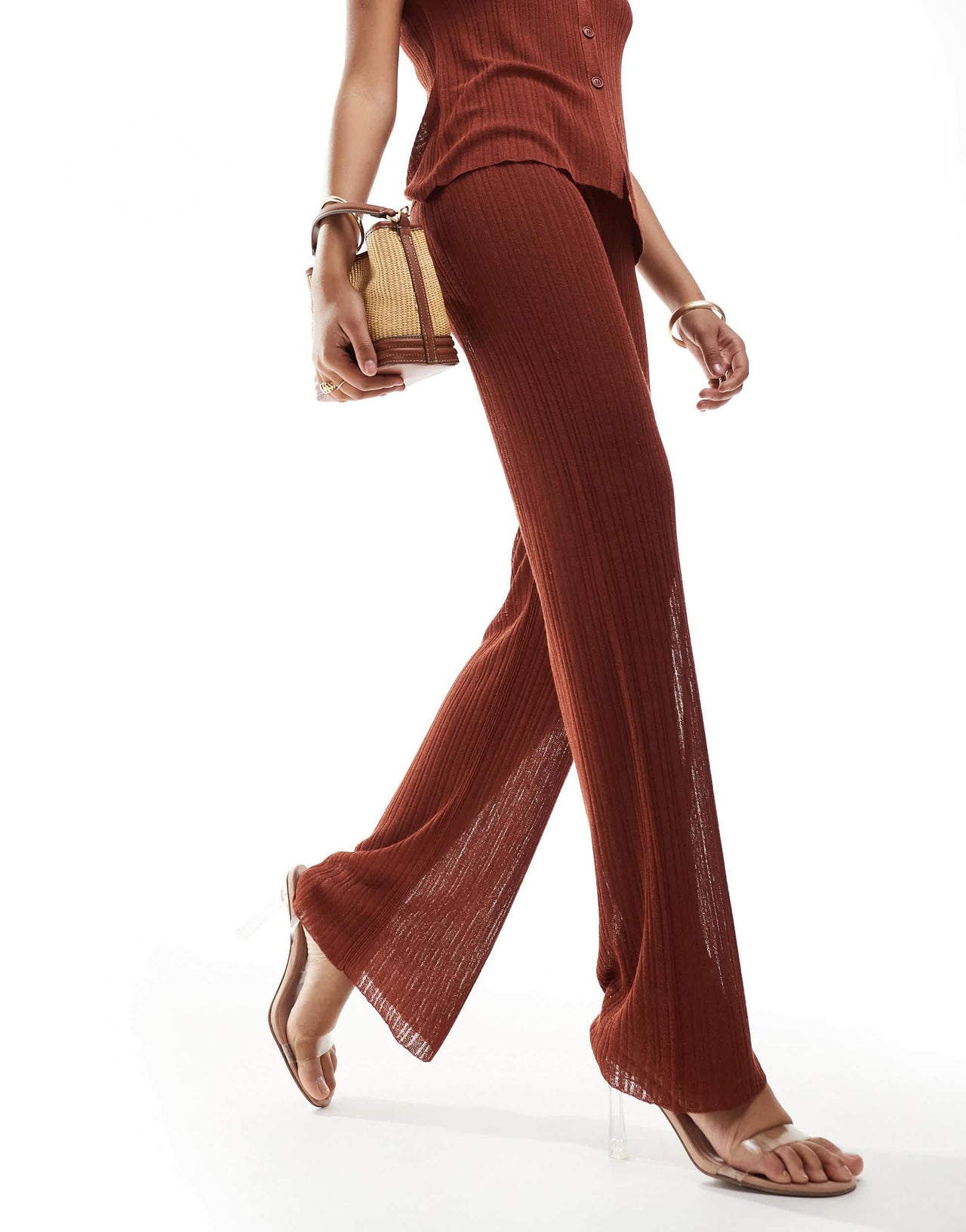 ASOS DESIGN knitted wide leg trousers in metallic yarn in rust