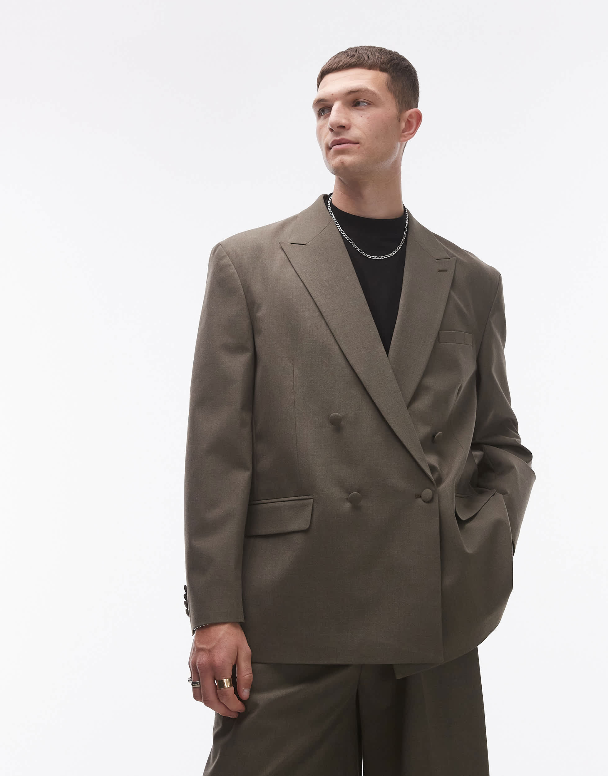 Topman relaxed deconstructed double breasted suit jacket in khaki