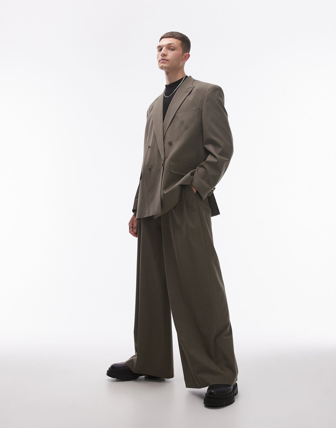 Topman relaxed deconstructed double breasted suit jacket in khaki