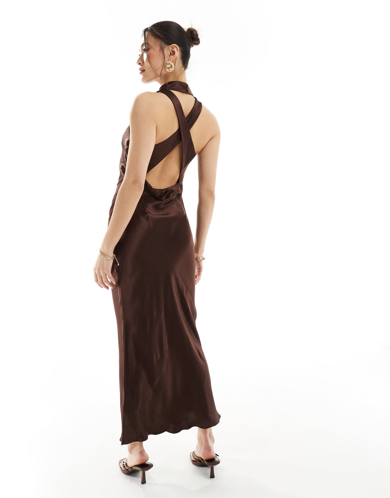 River Island halter neck midi dress in chocolate brown