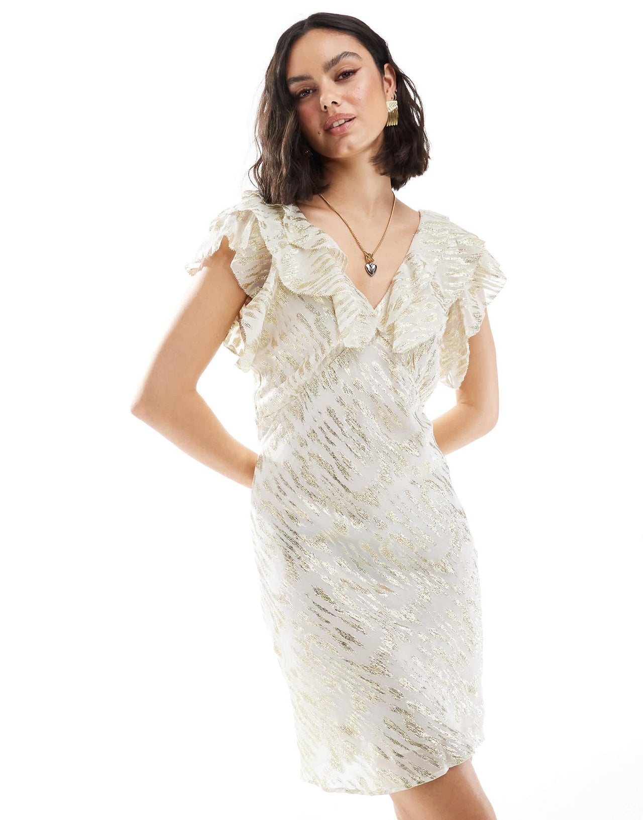 Never Fully Dressed Tilda metallic ruffle mini dress in cream