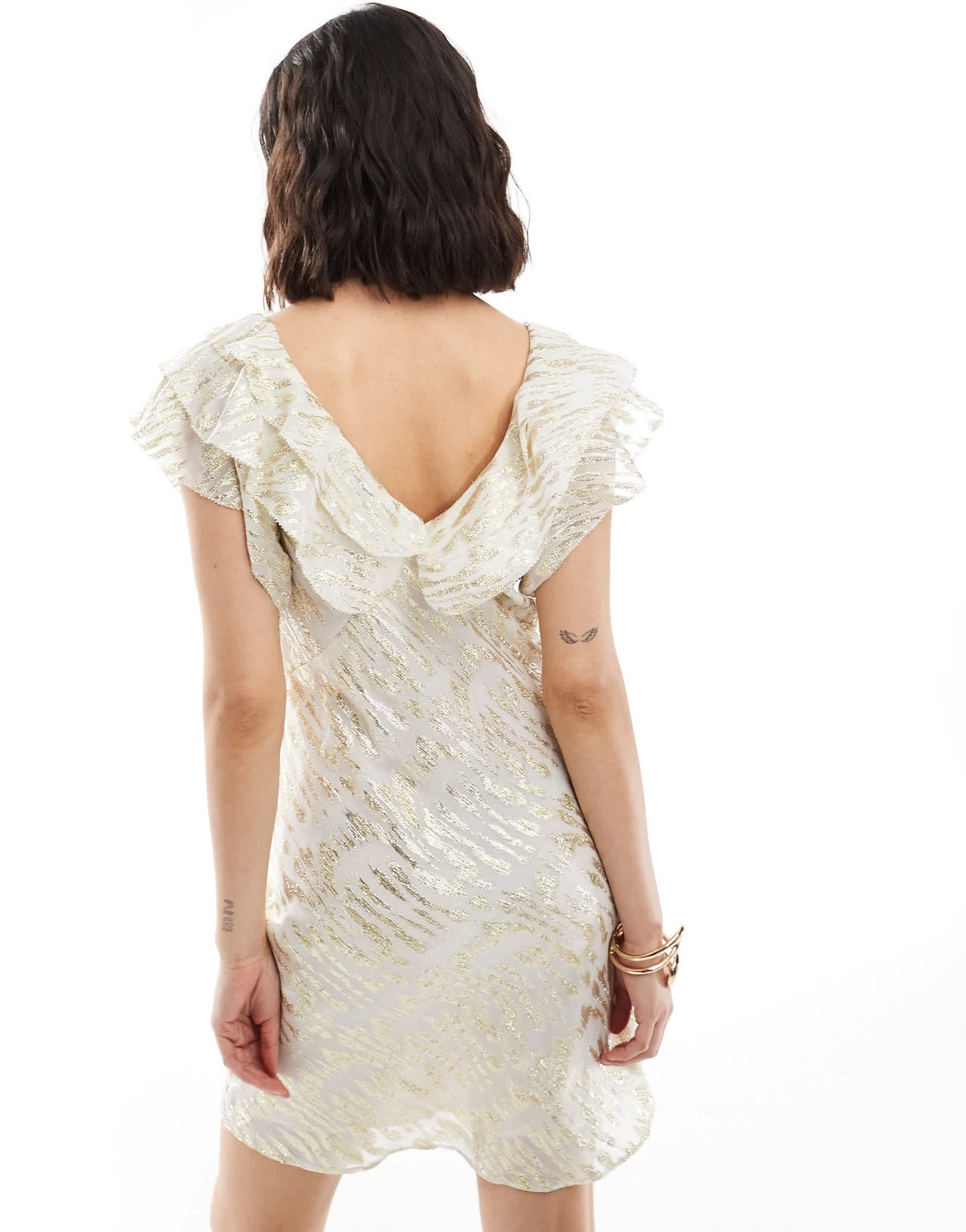 Never Fully Dressed Tilda metallic ruffle mini dress in cream