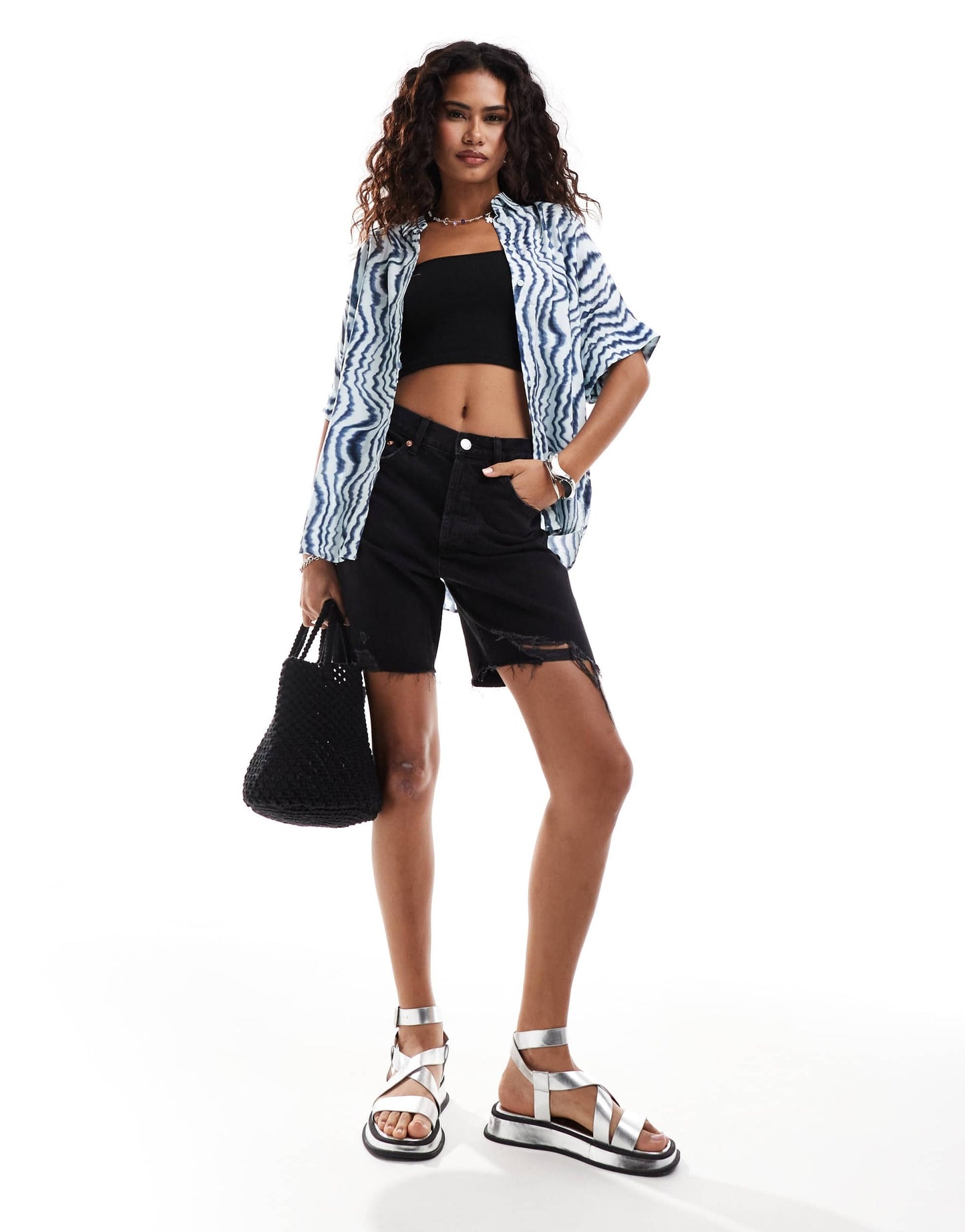 Monki oversize boxy short sleeve blouse in multi blue wave print